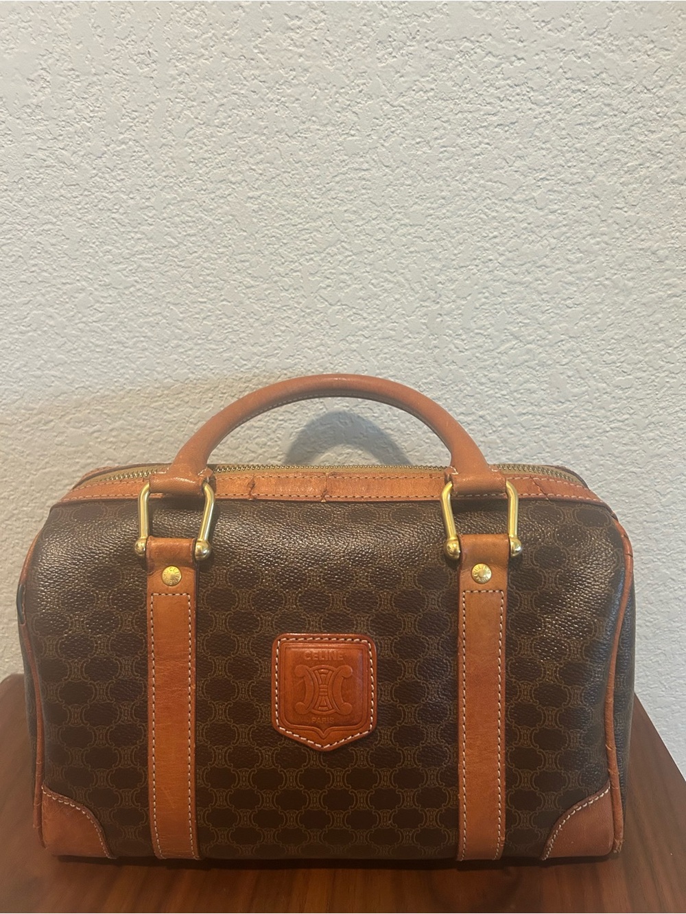 Celine Brown Monogram Boston Satchel with Tan Leather and Gold Hardware
